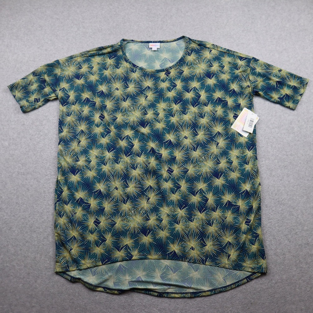 LuLaRoe Tunic Top Womens L Irma Teal Yellow Starburst High Low Short Sleeve New